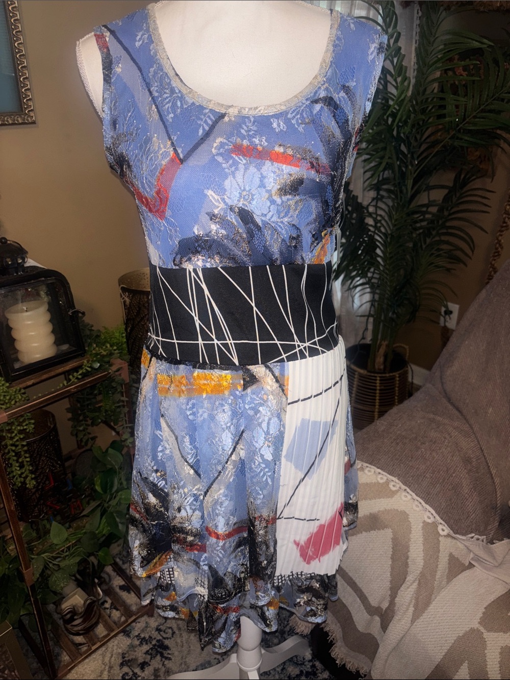 Save The Queen Blue Abstract Print Dress with Black Waistband Sz. Large